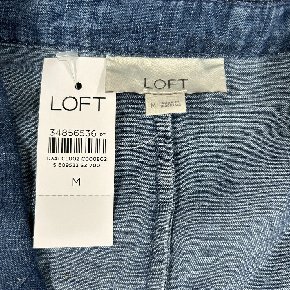 New Ann Taylor LOFT Linen Blend Chambray One Button Blazer Jacket Blue Medium